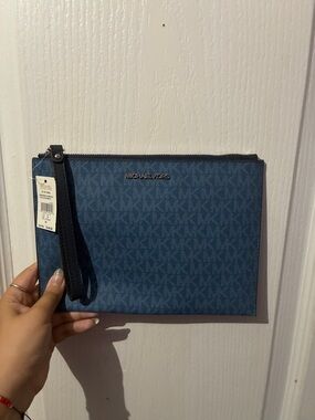 Michael Kors Blue Signature Wristlet Pouch with Strap
